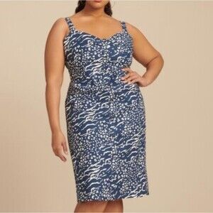 Tanya Taylor Printed Antonia Dress Blue Linen Plus Size 14 Summer Lined Beachy